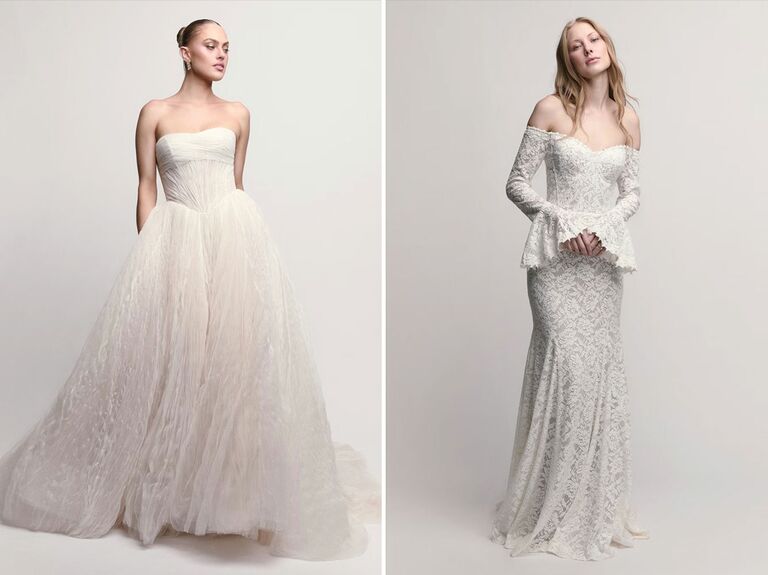 Airy ball gown and fitted lace dress with bell sleeves