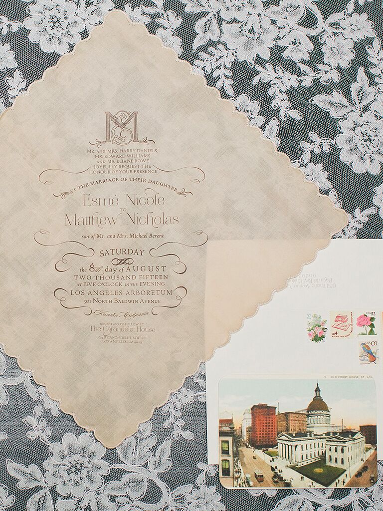 Vintage wedding invitation on a handkerchief