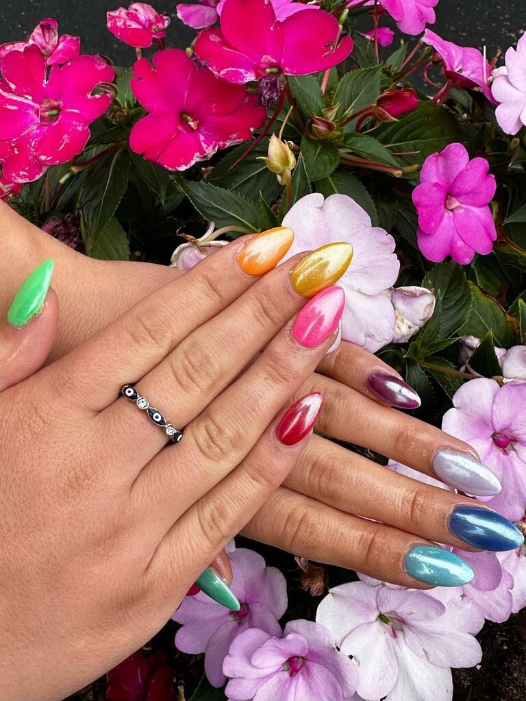 Rainbow colored chrome bridesmaid nails