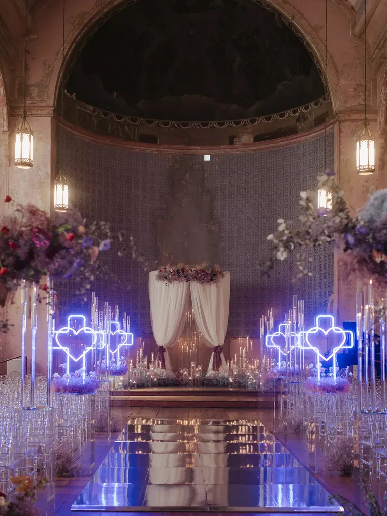 Ceremony Aisle Decor Inspired By Baz Luhrmann's Romeo and Juliet, Candles and Neon