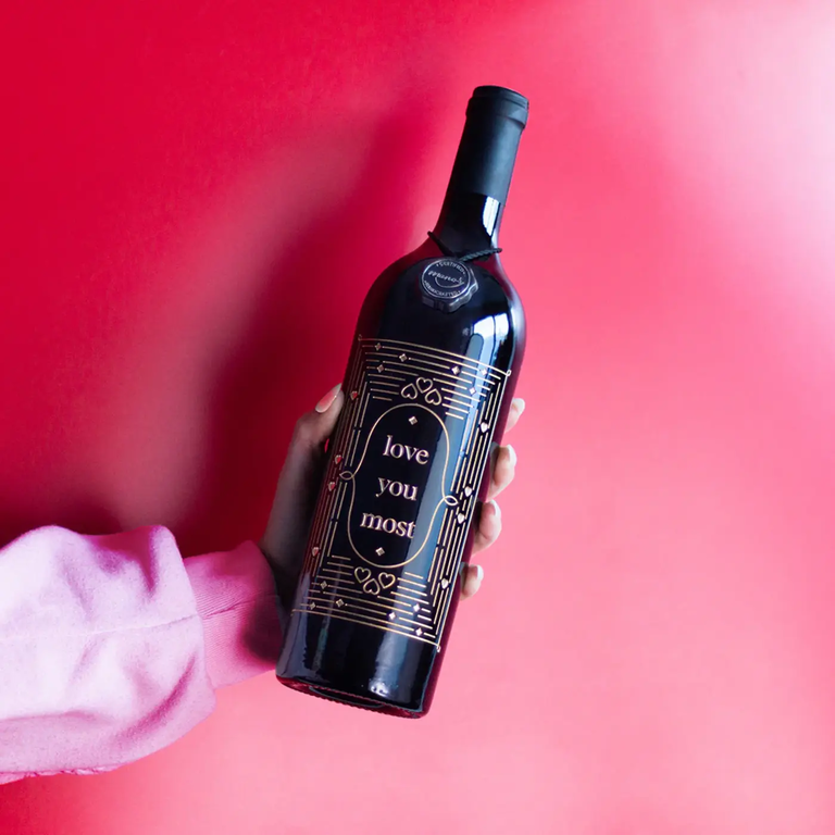 Custom etched wine bottle valentines day gifts for wife from Mano's Wine