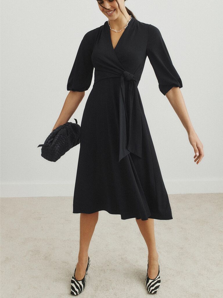 LK Bennett black wrap front petite wedding guest dress for over 50s