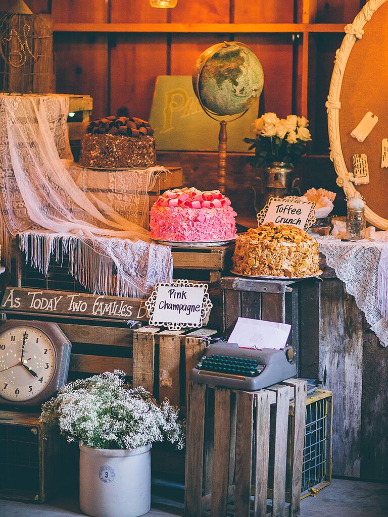 Antique wooden crate dessert table idea for a wedding reception