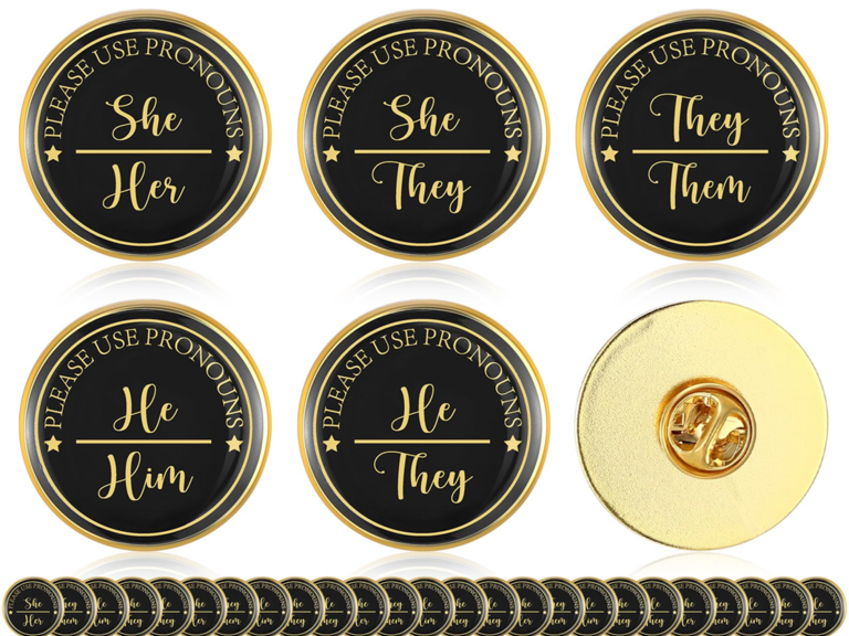 Please Use Pronouns Pins from Amazon