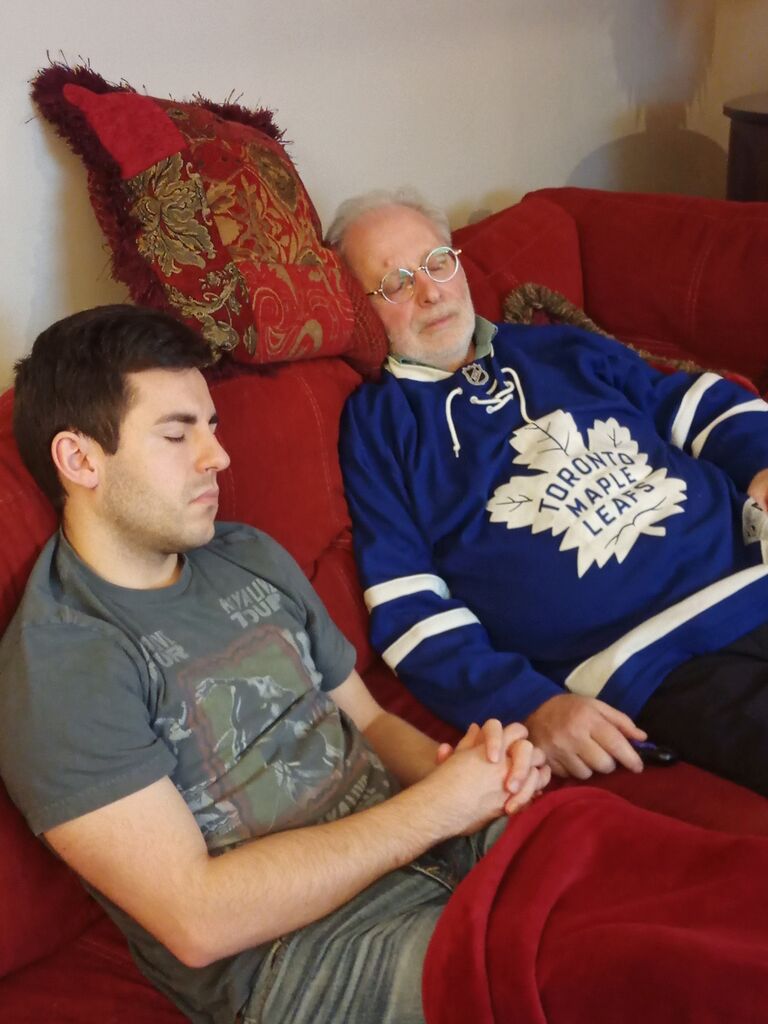 Josh & Kenzie's dad bond over a hockey game.... Or napping?