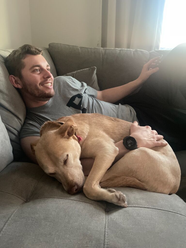 Rachel's dog Twyla quickly fell for Chris! It didn't take long for him to become the favorite caretaker. 