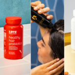 Collage of three hair growth products