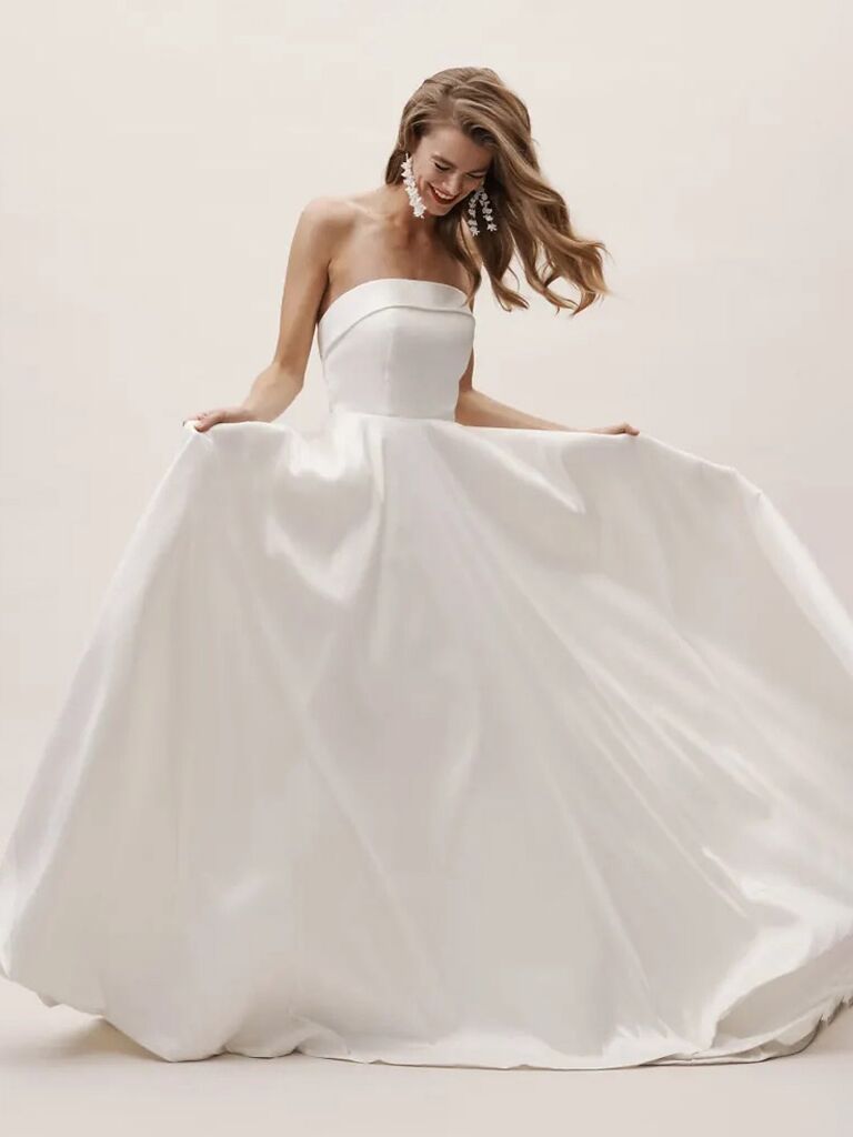 jenny yoo dark ivory plain strapless wedding dress with folded trimmed chest and ball gown skirt