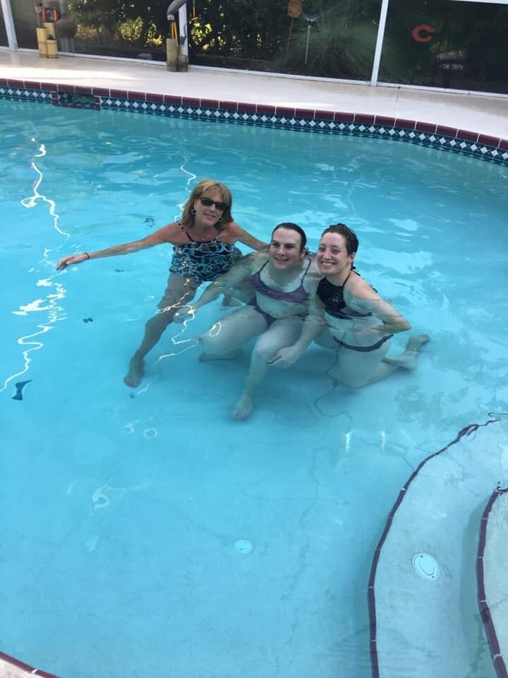 Justine, Tori, and Tori's beloved mom Debbie in the pool on an Easter visit to Tori's parents