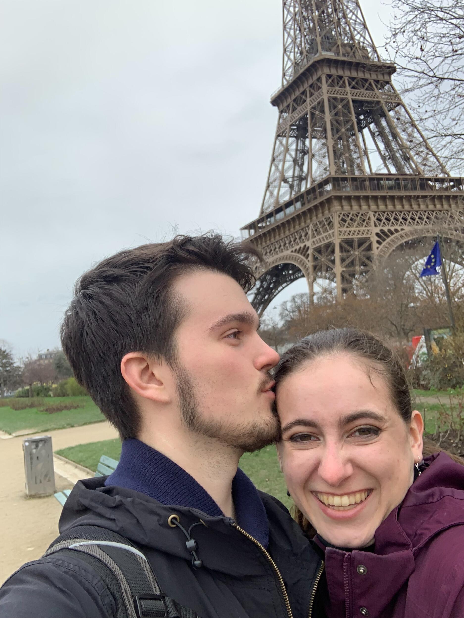 During that visit, we hopped on an overnight bus to Paris and spent a magical day exploring the city’s winding streets and hidden corners. Here's us at the Eiffel Tower!