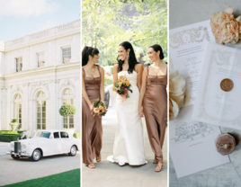 Collage of quiet luxury wedding ideas including vintage car, neutral wedding party dresses, and royal stationery