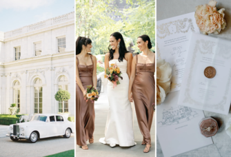 Collage of quiet luxury wedding ideas including vintage car, neutral wedding party dresses, and royal stationery