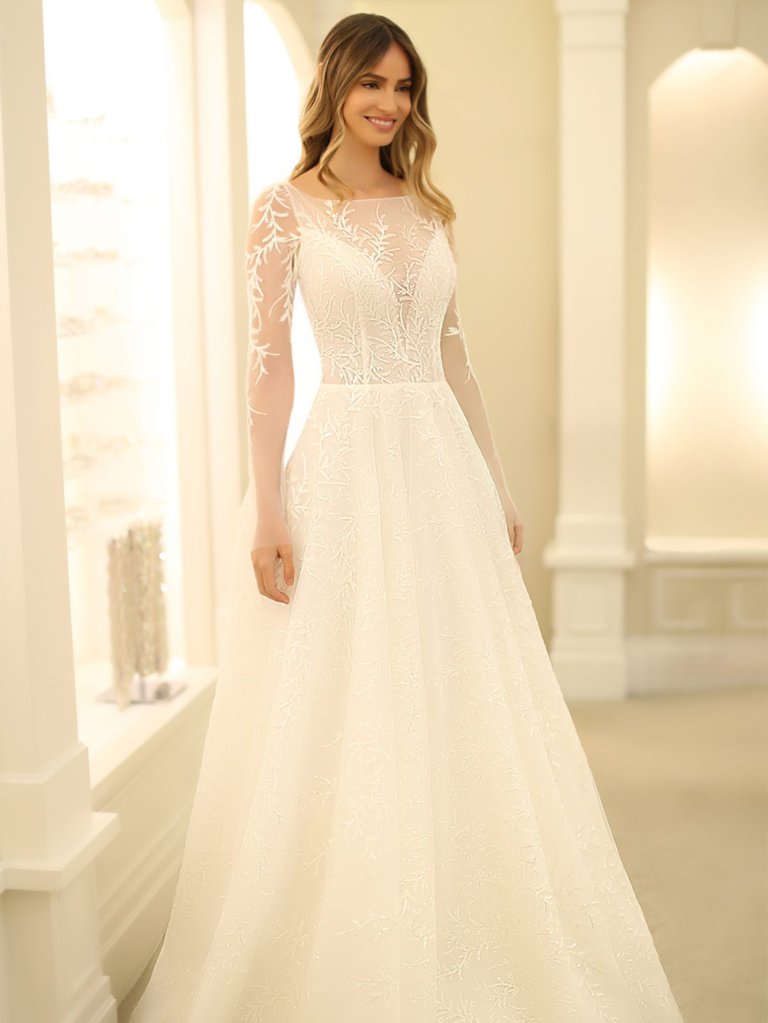 MISHELL, Fit & flare wedding dress, bateau neckline