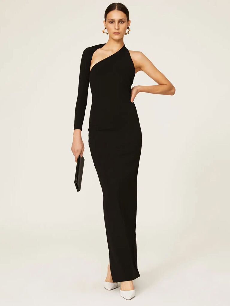 Solace London sleek Rent the Runway black wedding guest dress with spliced shoulder and maxi skirt