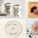 Bridal shower gift ideas: personalized mugs, personalized cutting boards, glass ring dish, spoon rest