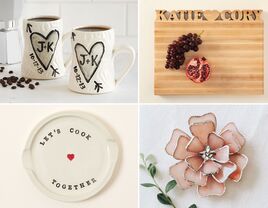 Bridal shower gift ideas: personalized mugs, personalized cutting boards, glass ring dish, spoon rest
