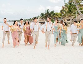 Grooms with wedding party at destination wedding