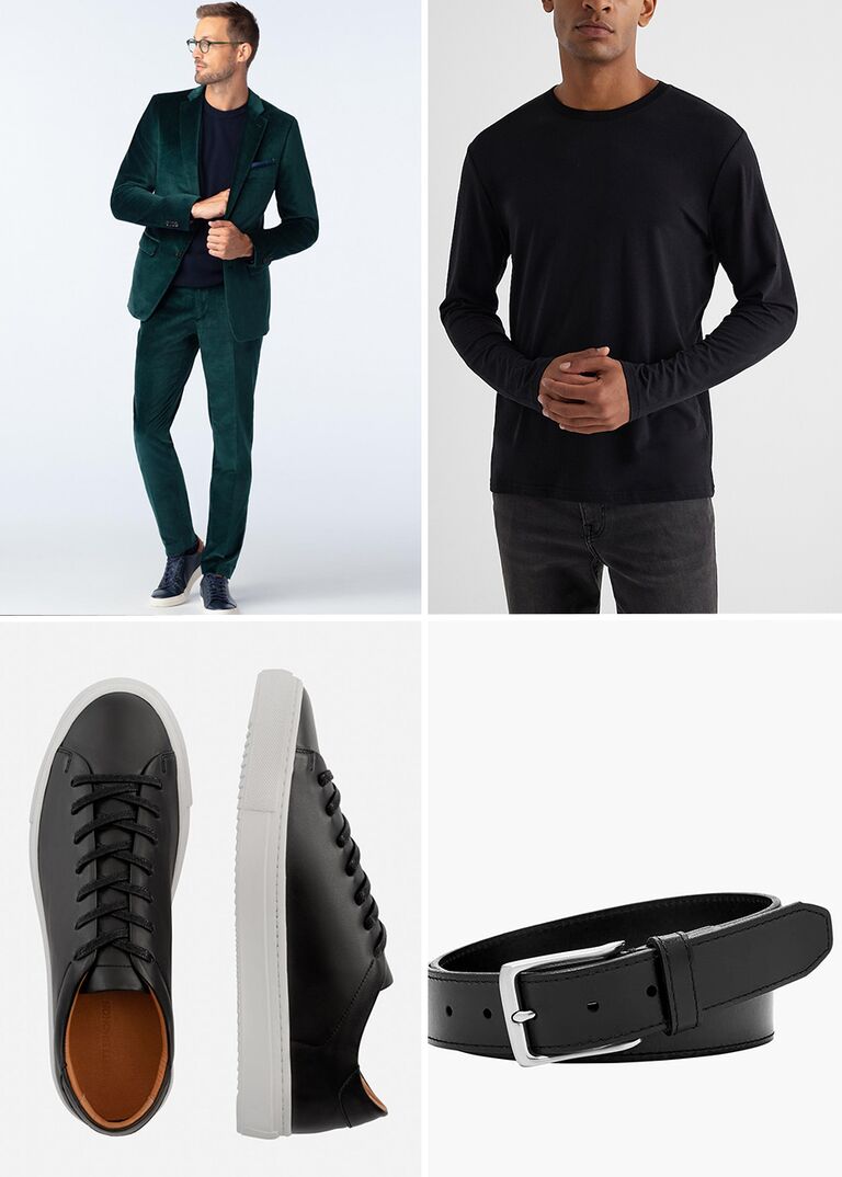 Festive winter engagement photo outfit: green velvet blazer, black shirt, black belt, black sneakers