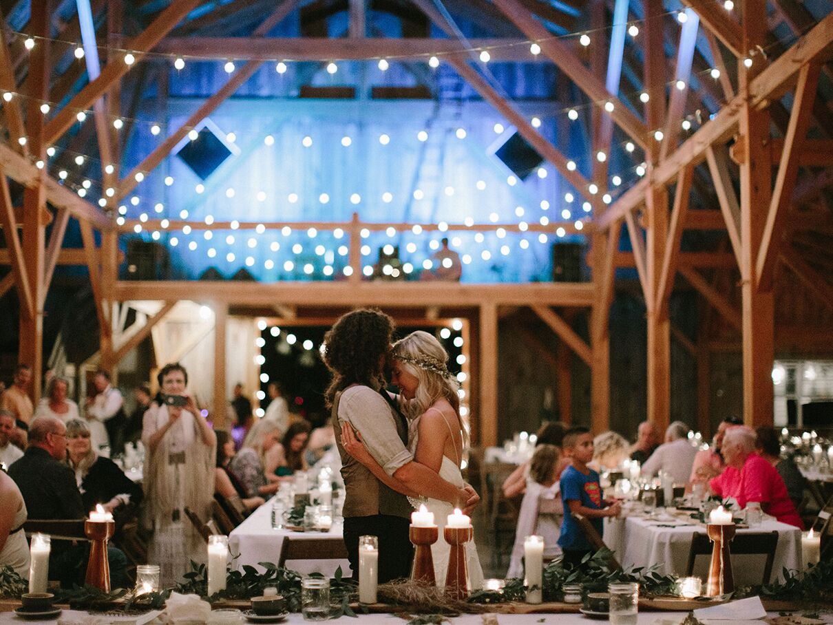 Bride and groom at barn wedding