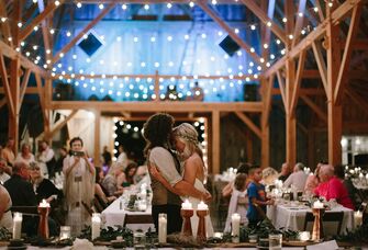 Bride and groom at barn wedding