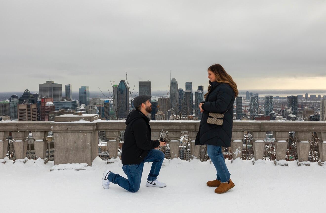 Crying! The best day ever! A gorgeous proposal in one of our favorite places- Montreal, Quebec, Canada. The story- James planned a whole trip to Montreal. Then we hiked up what felt like 600 steps. At the top of Mont Royal was an amazing view. James popped the question and even had a photographer! Of course the answer was yes! It was a dream.