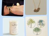 50th birthday gifts for wife: gold smartwatch band, birth flower necklace, tree art, birthdate candle