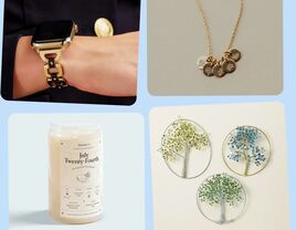 50th birthday gifts for wife: gold smartwatch band, birth flower necklace, tree art, birthdate candle
