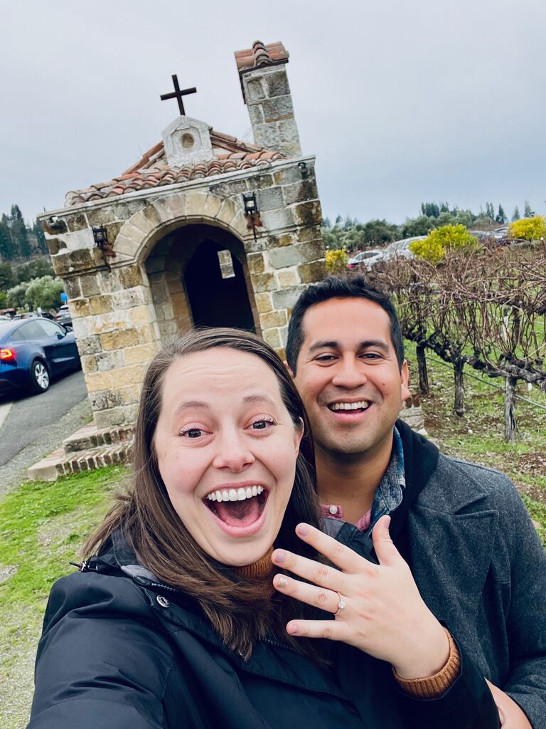 Andrew proposed at Castello di Amorosa (Castle of Love) in Calistoga, CA. Julie said "yes!"