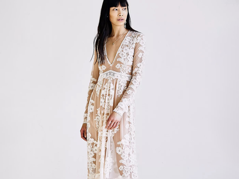 Naked long sleeve lace gown with long sleeves and plunging neckline