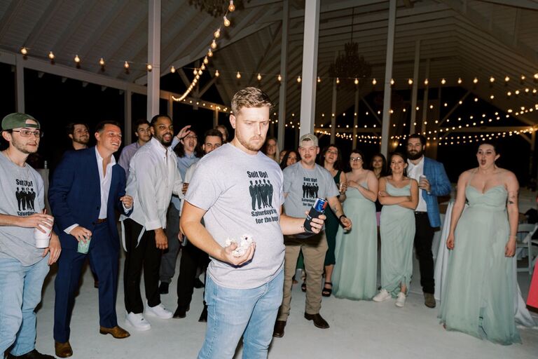 Justin caught the garter at Katherine and Zack's wedding! (Caroline had no idea he had already bought a ring)