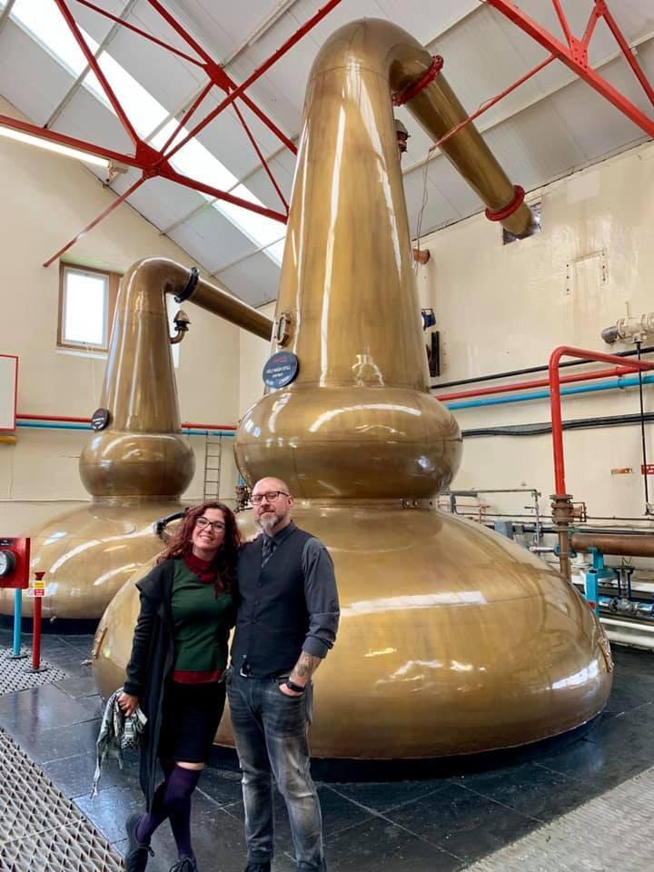 After meeting up in Scotland for a wedding, Tony and Angela drove though Speyside visiting distilleries and seeing Highland Coos. Here we are at the favorite distillery we went to- Glenfarclas.