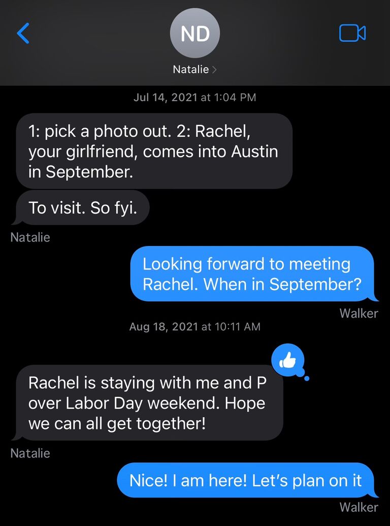 A text message from Natalie to Walker weeks before the (future) couple’s first meeting.