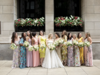 Bride and bridesmaids in spring floral dresses