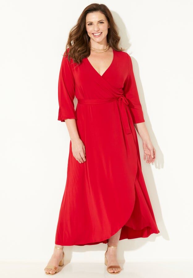 Catherine's red wrap-front midi petite dress