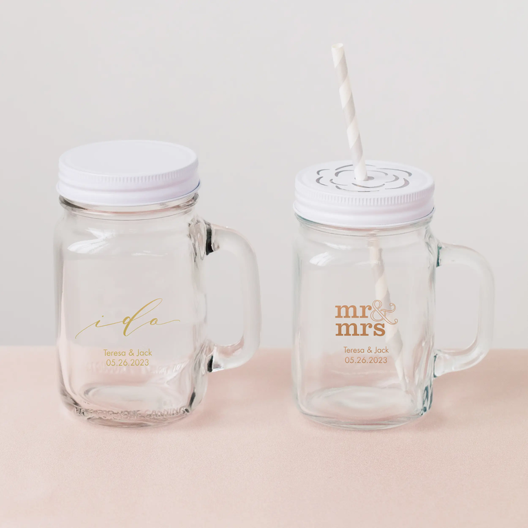Personalized mason jar wedding favors from The Knot Shop