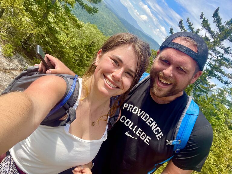 Our first picture together! Hiking up Boulder Loop Trail in NH. 🏔️