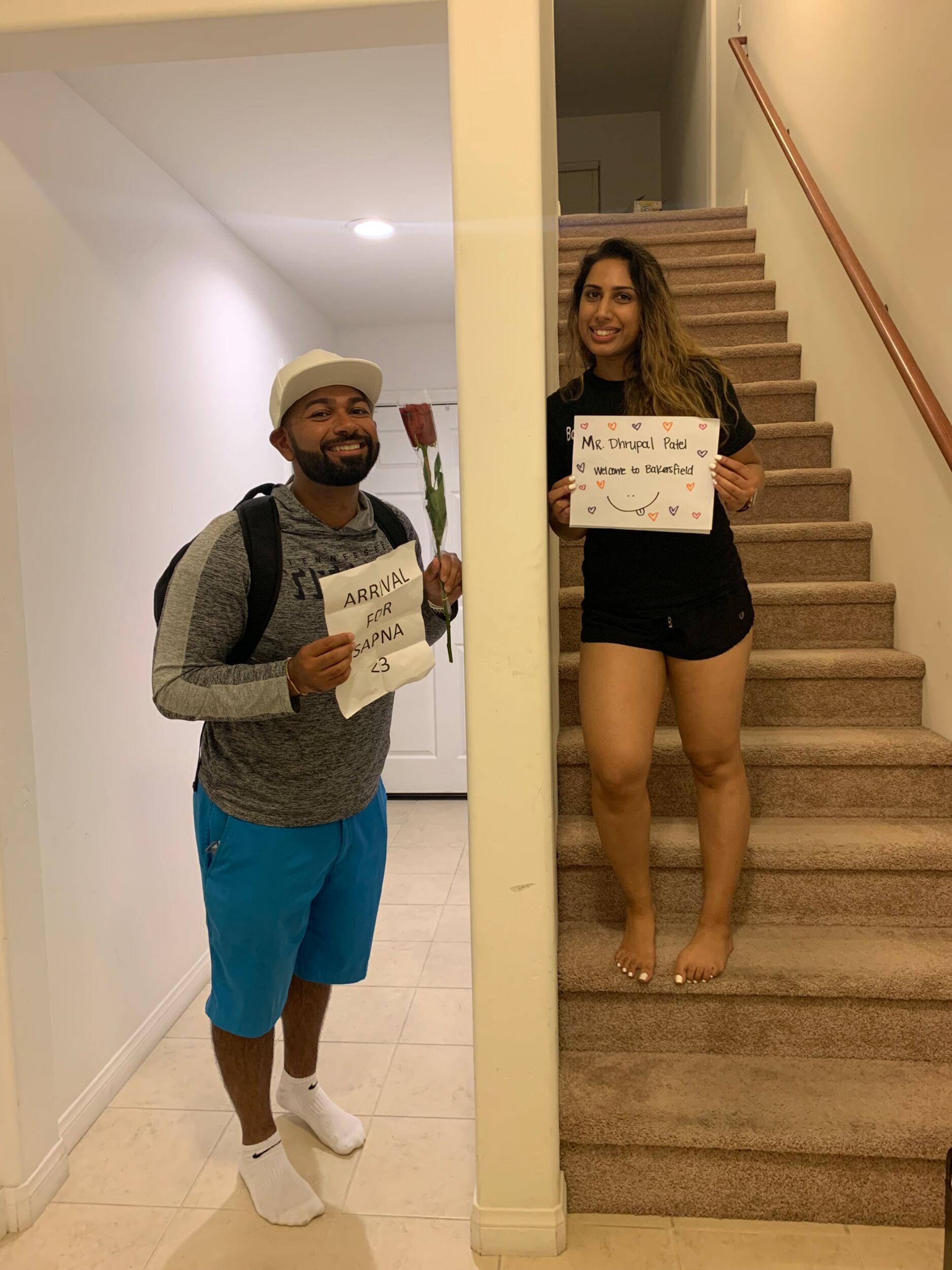 The first day we met in Bakersfield, California. Sapna picked up Dhrupal from the airport with her roommate, dressed like a chauffeur. Both Sapna and Dhrupal had "Welcome" signs for each other.
