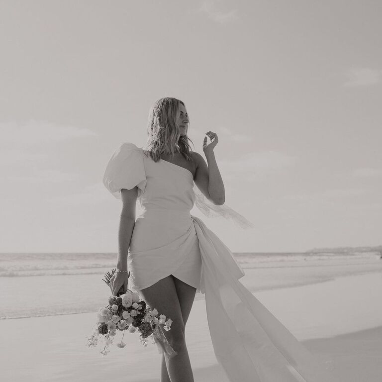 Beachy waves one shoulder gown bridal hairstyle