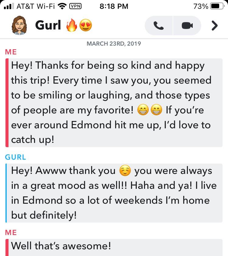 The first DMs ever sent! Ian mustered up the courage to get Kelcee's snapchat on the last day of the mission trip. Those first few weeks we never wanted to be the first to fall asleep.