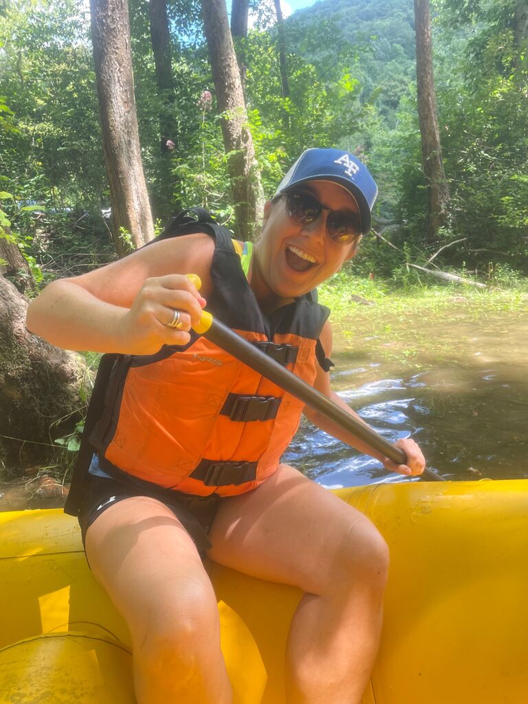 Our white water rafting trip In the Blue Ridge Mountains moments before Meghan "lost" her sun glasses. See Justin for more details.