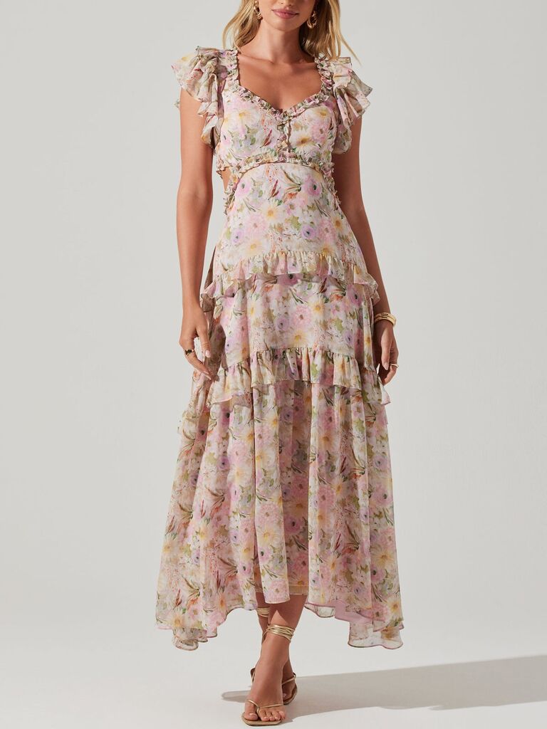 Elegant Ruffled Floral Wedding Guest Dress for Timeless Grace