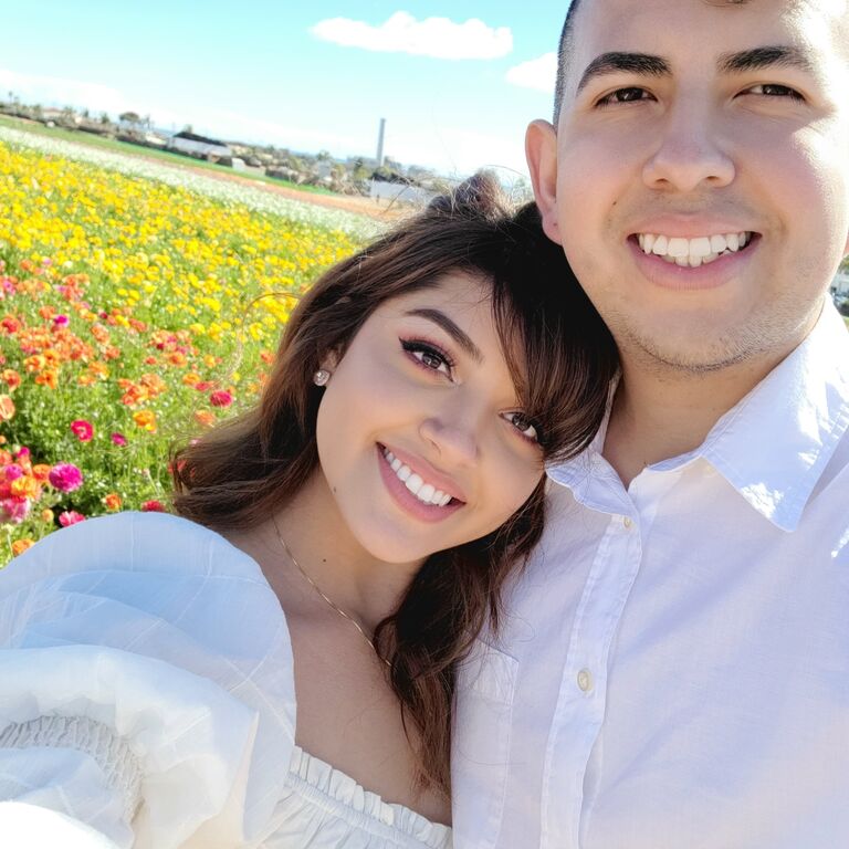 They celebrate their one year anniversary at the Flower Fields in Carlsbad, CA.