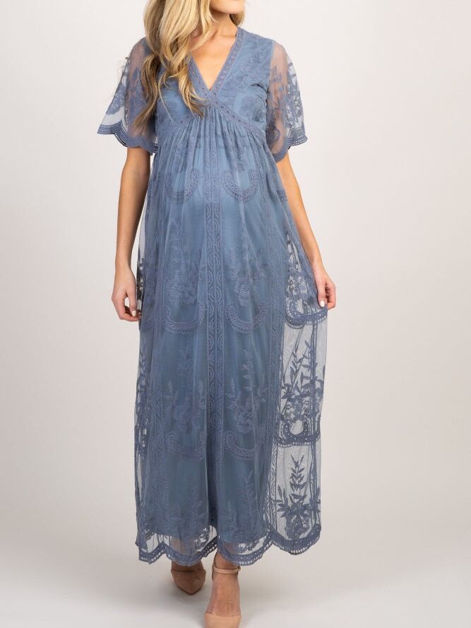 Navy Blue Floral Square Neck Short Puff Sleeve Maternity Maxi Dress–  PinkBlush