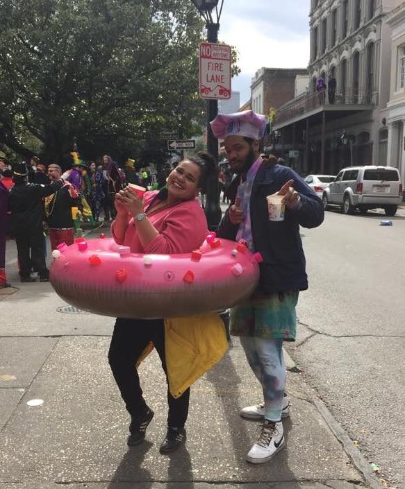 We cooked up the brilliant Mardi Gras costume of a donut and her pastry chef.
