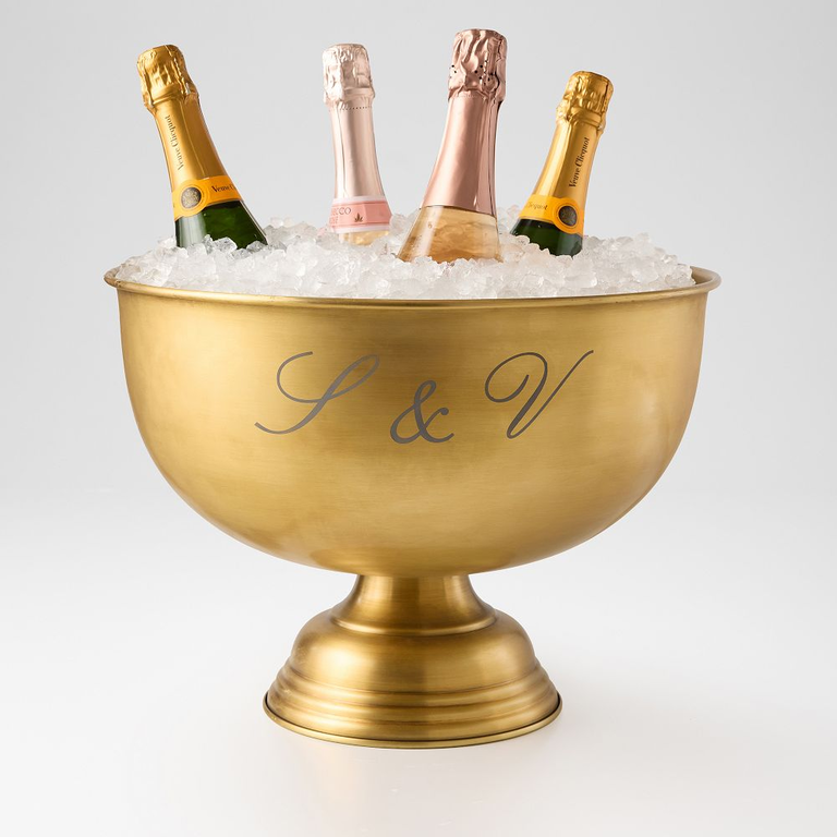 Gold-plated wine chilling bowl engraved with couples initials