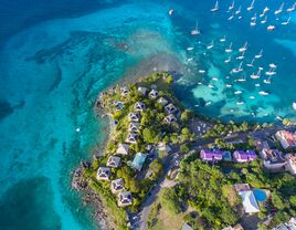 St. John, US Virgin Islands aerial view of the island and boats 