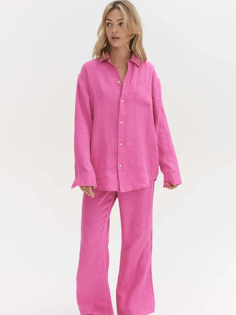 Long pink linen bridesmaid pajama set