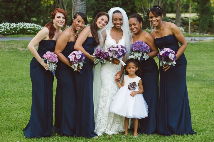 silver and navy bridesmaid dresses