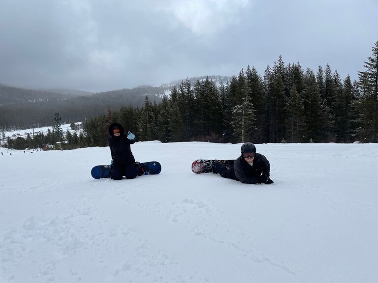 While still ringless, Ellie and Christopher had an amazing time in Tahoe with Ted and Laura. Ellie was barely able to walk for a week after her first snowboarding lesson, courtesy of her instructors, Christopher and Ted.