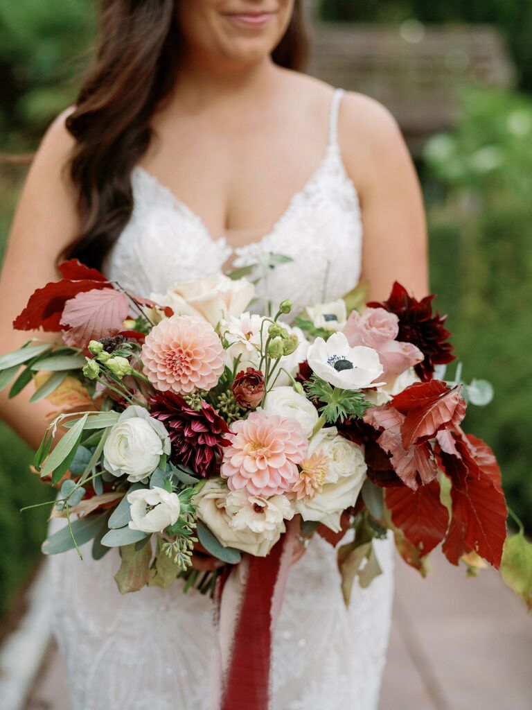 Red, Orange & Blue Gray Autumn Wedding Bouquet - Dried Flowers Forever